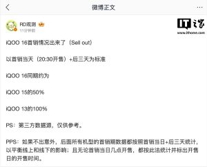 iQOO 16 手机首销情况曝光：同期约为 iQOO 15 的 50%、iQOO 13 的 100%