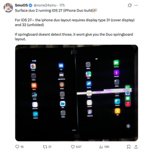铺路更进一步：开发者成功在微软 Surface Duo 2 上启动 iPhone Duo 专版苹果 iOS 27 系统